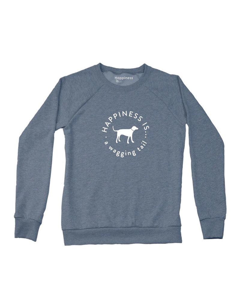 Happiness Is...a wagging tail women's crew sweatshirt in heather navy with a white silhouette of a dog in a circle of words that reads Happiness is...a wagging tail