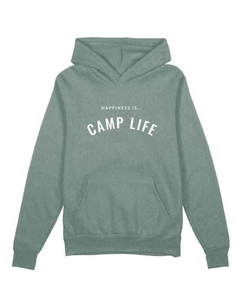 Happiness Is...Camp Life Unisex Hoodie in sage green with white writing across chest that reads Happiness Is...Camp Life, front view