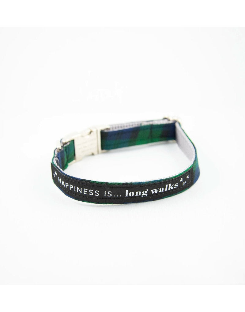 Happiness Is... Long Walks Blackwatch Dog Collar with silver clip.  Blue and green plaid fabric with black strip with white small paw prints and words that say Happiness Is...long walks.