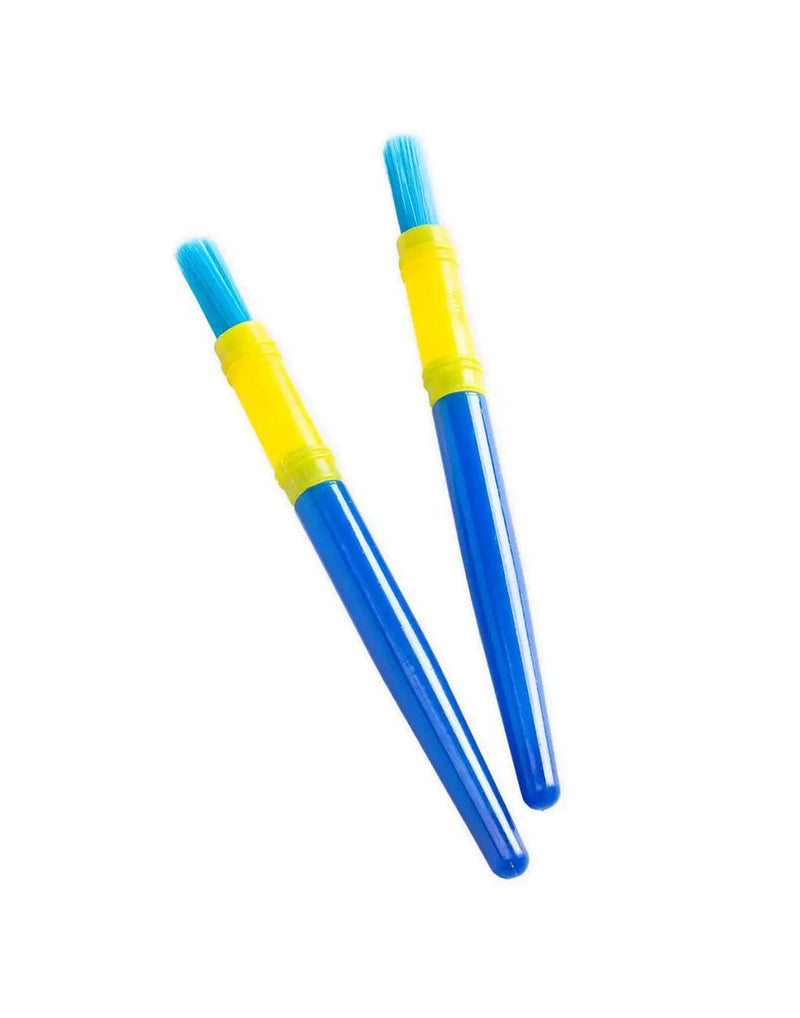 2 blue and yellow paint brushes