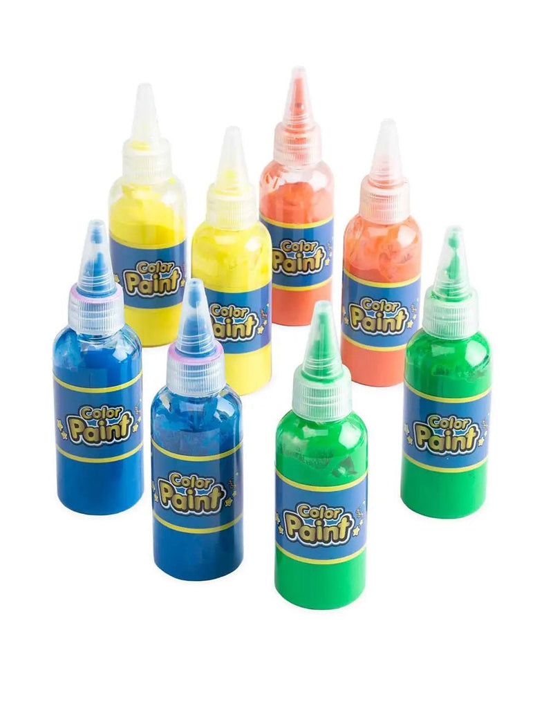 8 bottles of washable paints, two of each colour: red, green, blue and yellow