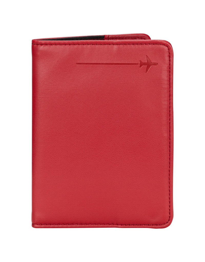 RFID Passport Cover in red with embossed airplane in top right corner, front view