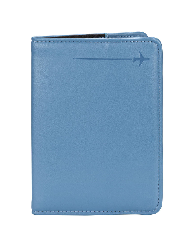 RFID Passport Cover in blue with embossed airplane in top right corner, front view