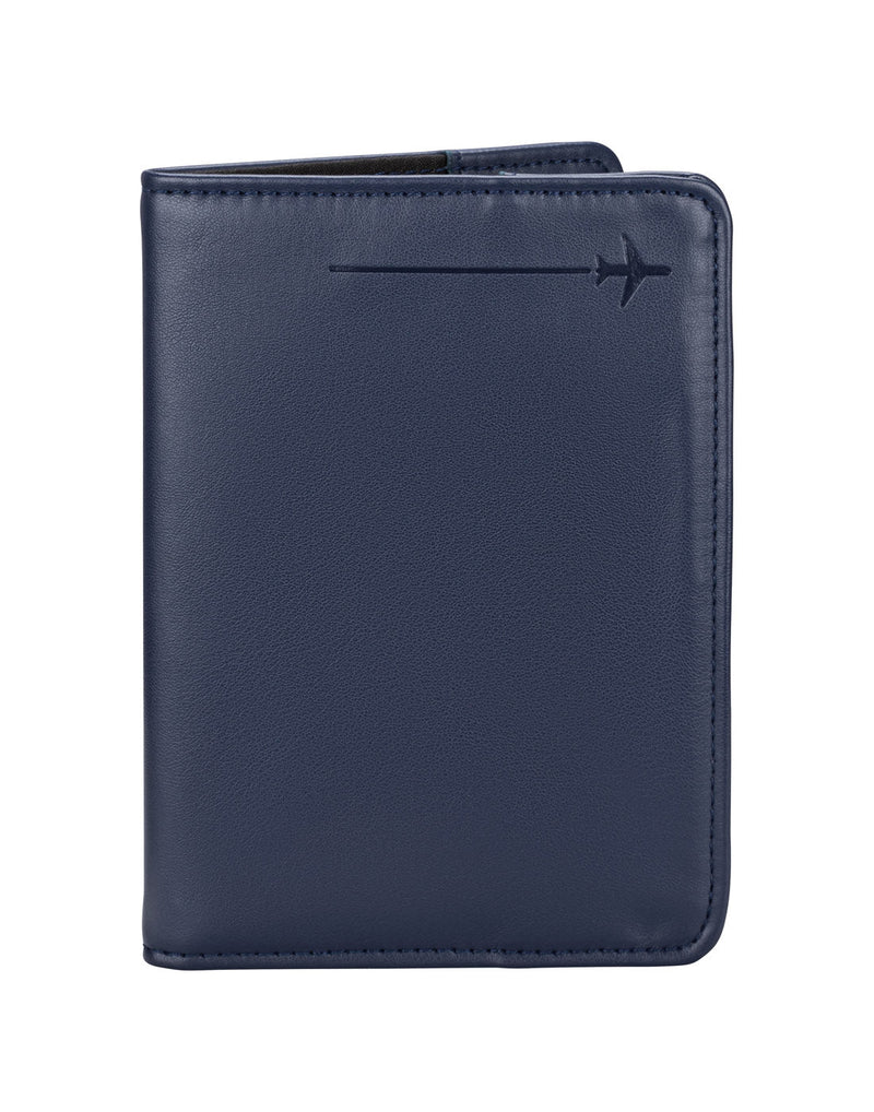 RFID Passport Cover in navy with embossed airplane in top right corner, front view