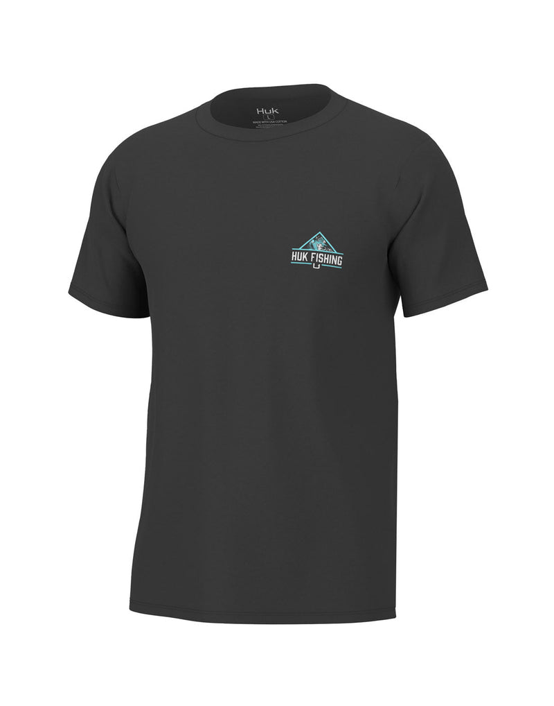 Huk Men's Diamond Flats Tee in volcanic ash dark grey colour, front view with small left chest decal in turquoise and white that says HUK FISHING