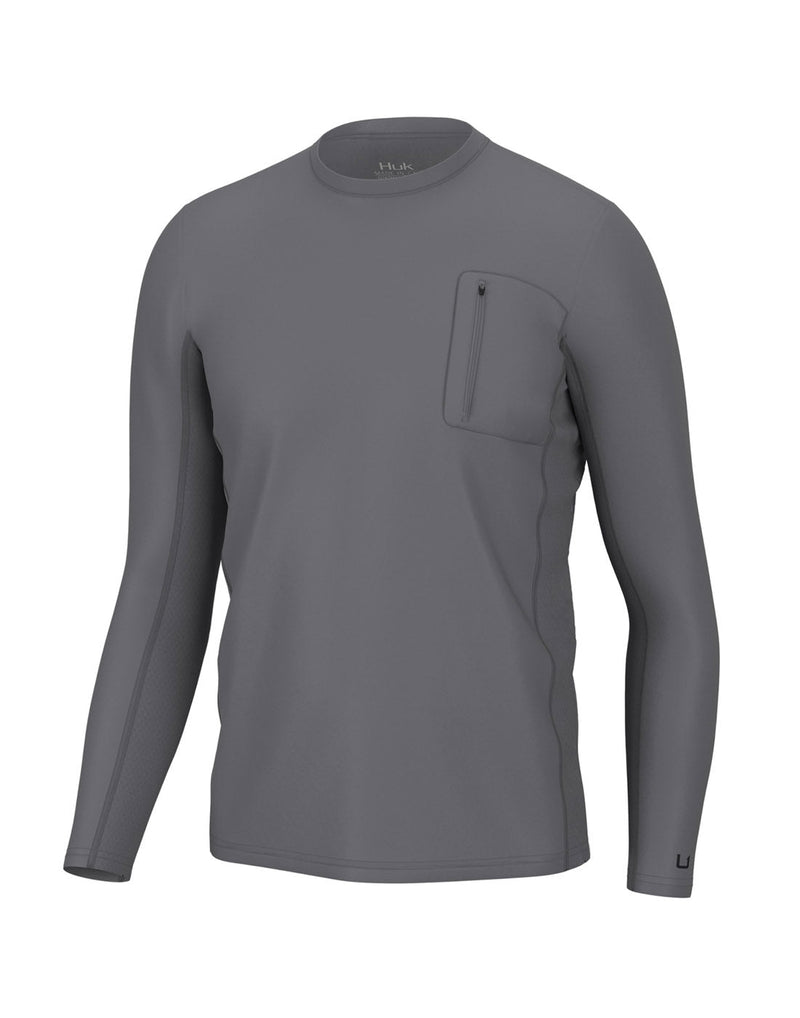 Huk Men's Icon X Pocket Long Sleeve in night owl grey, front view with vertical zipper pocket on left chest