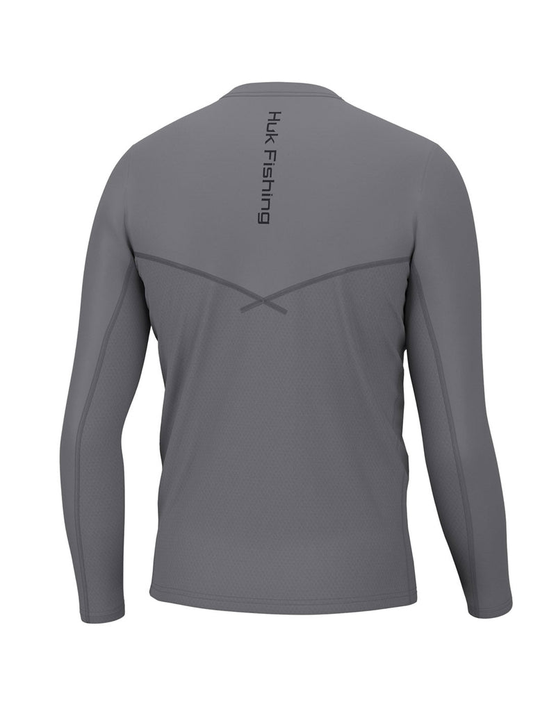 Huk Men's Icon X Pocket Long Sleeve in night owl grey, back view with Huk Fishing written in black down the spine