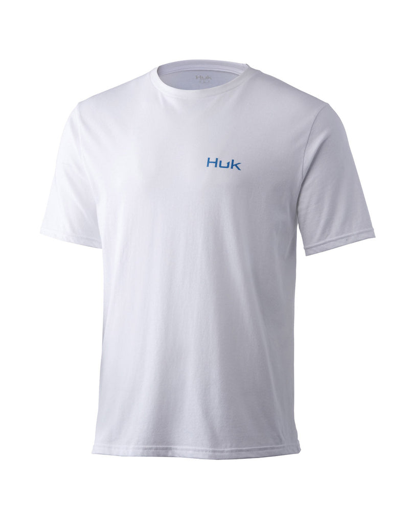Front view of the Huk Men's KC Marlin Wake Tee in white with Huk logo on left side of chest.