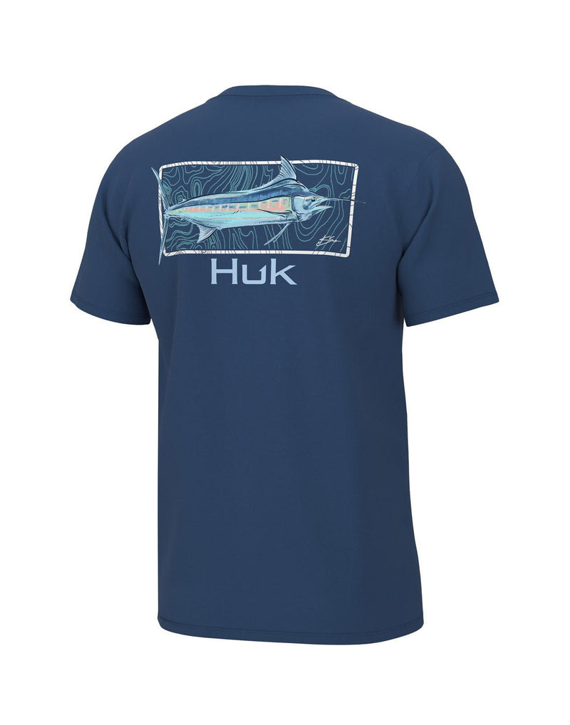 Huk Men's KC Topo Blue Tee in set sail blue colour, back view with image of a swordfish in a rectangular shape and Huk logo beneath