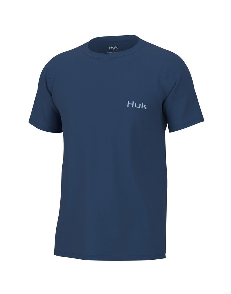Huk Men's KC Topo Blue Tee in set sail blue colour, front view with small, light blue Huk logo on left chest