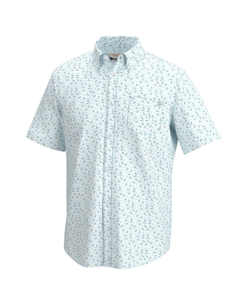 Huk Men's Kona Jig Button-Down Shirt in Ipanema with mini fishing jig pattern, front view