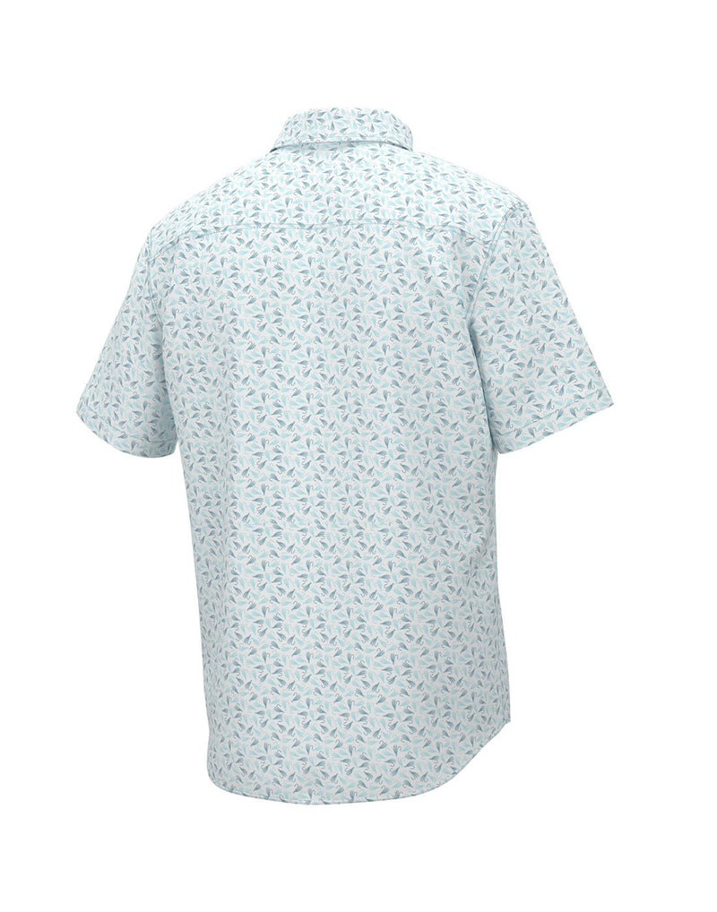 Huk Men's Kona Jig Button-Down Shirt in Ipanema with mini fishing jig pattern, back view