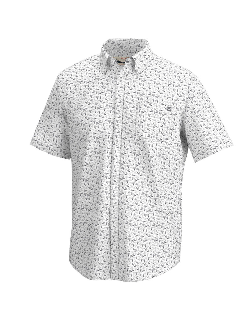 Huk Men's Kona Jig Button-Down Shirt in harbor mist with mini fishing jig pattern, front view