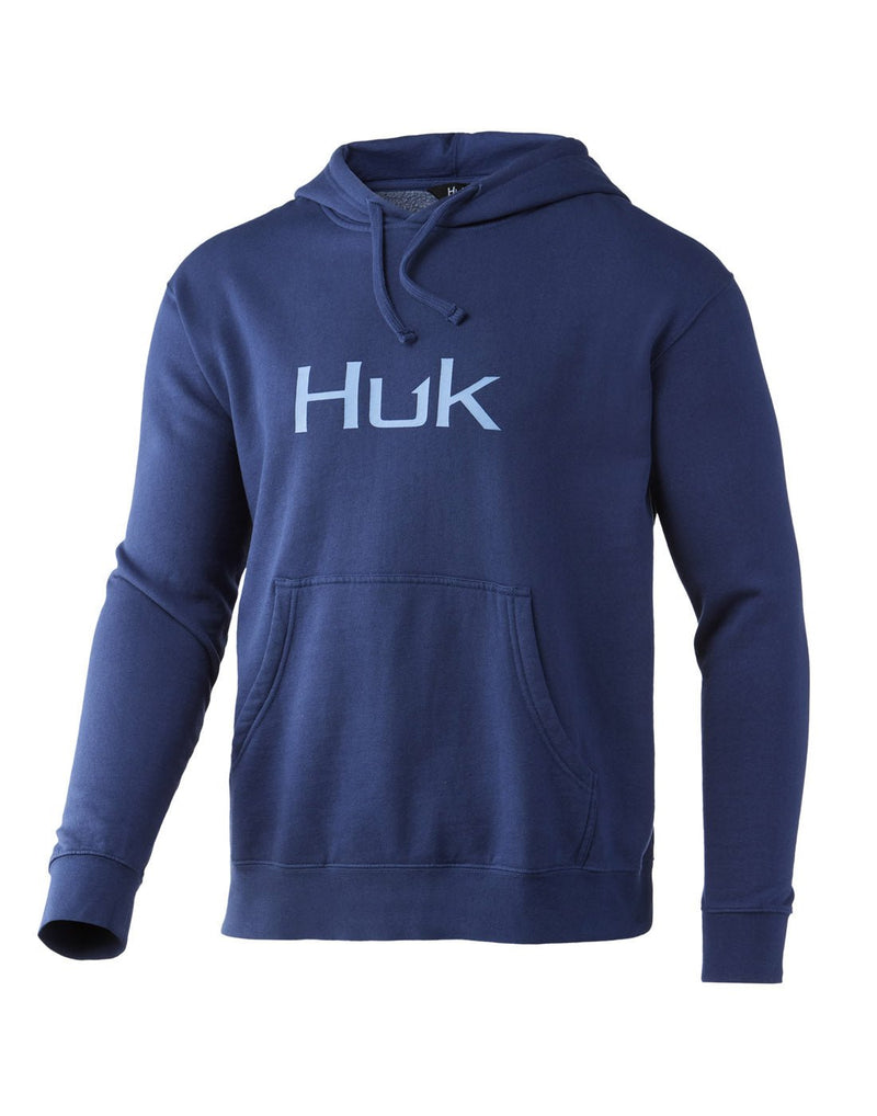 Front view of Men's Logo Cotton Hoodie in Sargasso Sea colour with hood down and Huk logo on chest.