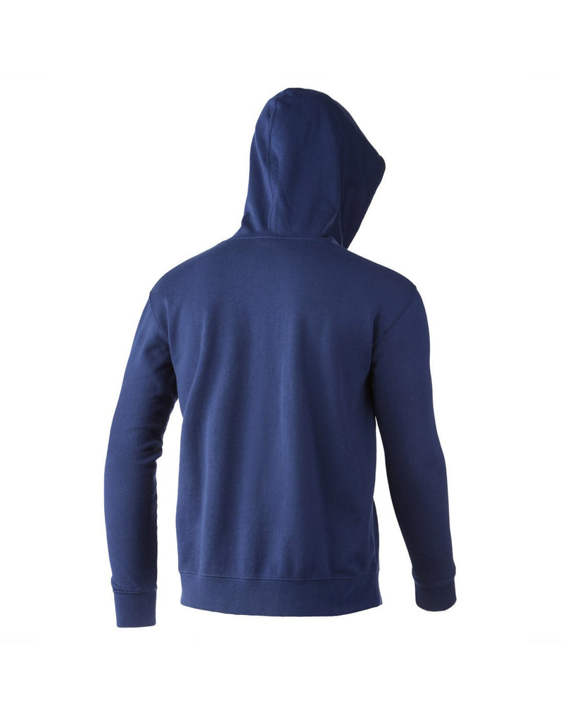 Back view of Men's Logo Cotton Hoodie in Sargasso Sea colour with hood up.