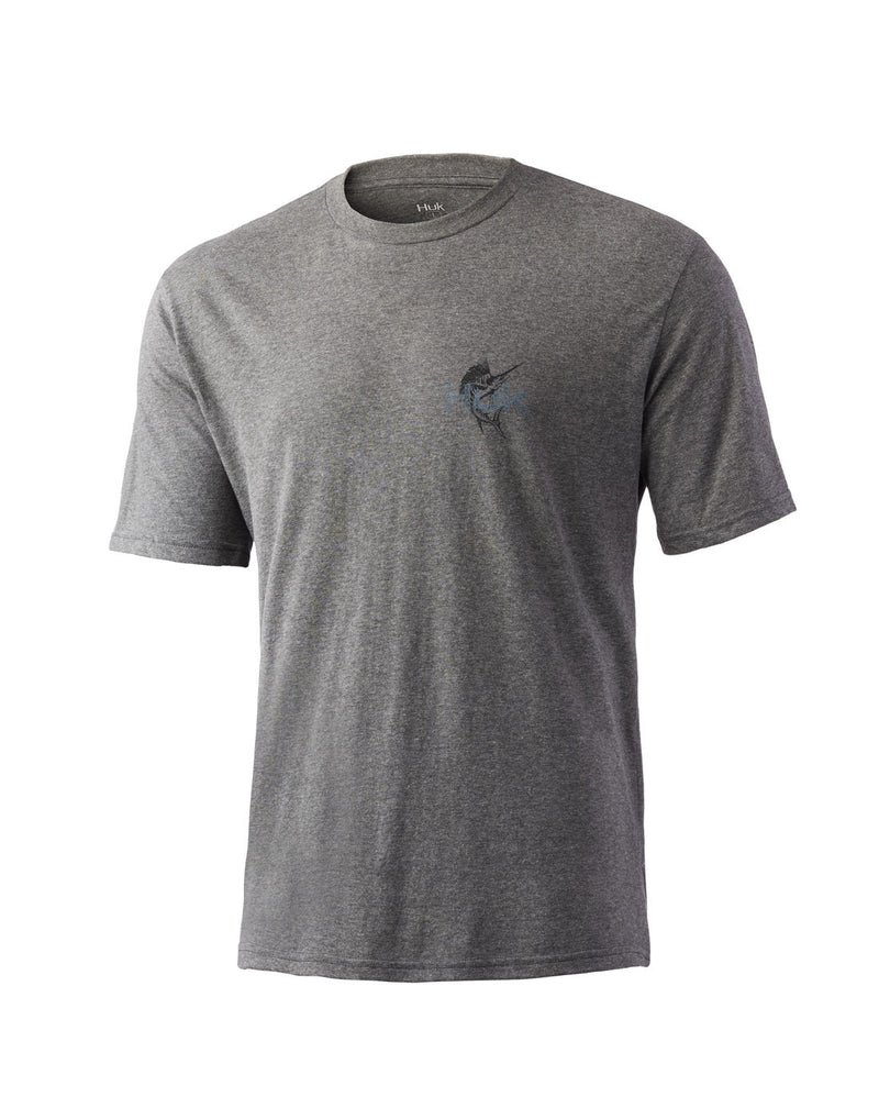 Front image of Huk Men's Marlin Shine Tee in Volcanic Ash Heather colour.  On left side of chest is a small image of a marlin fish that is superimposed with outline of Huk logo.