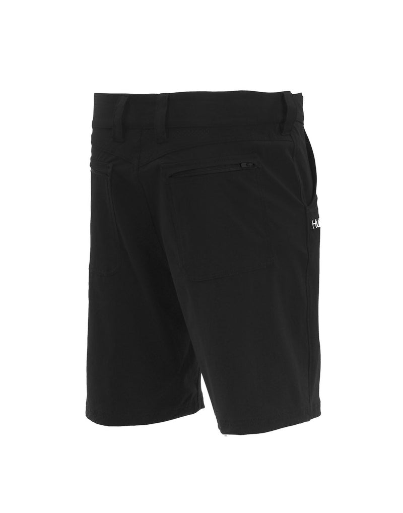 Back view of Huk Men's Next Level 10.5 inch Short in black. Shows the zippered back pockets