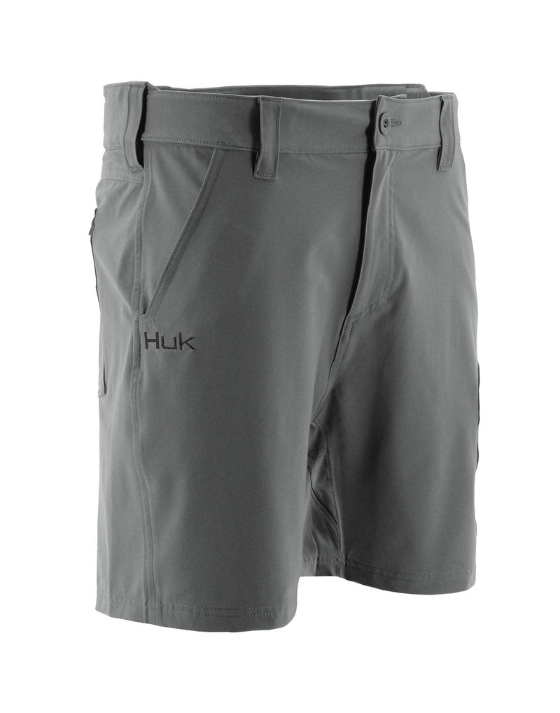 Front angled view of Huk Men's Next Level 7 inch Short in Charcoal Grey colour. 