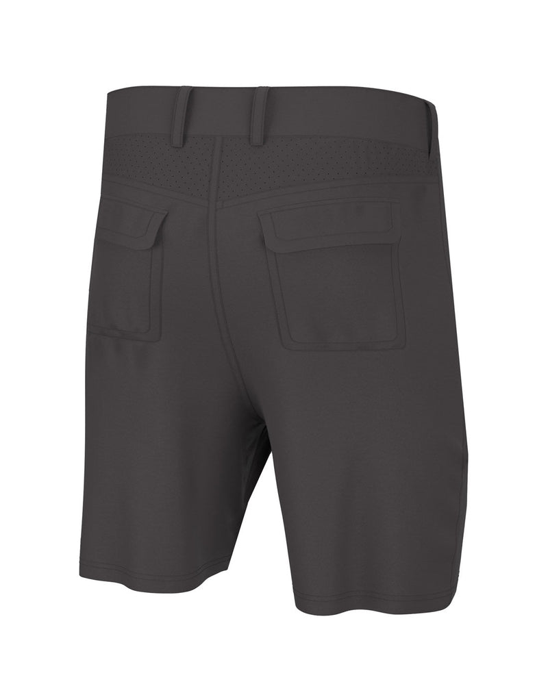 Huk Men's Next Level 7" Short in Iron grey, back view with two flap pockets on bum and venting along waist