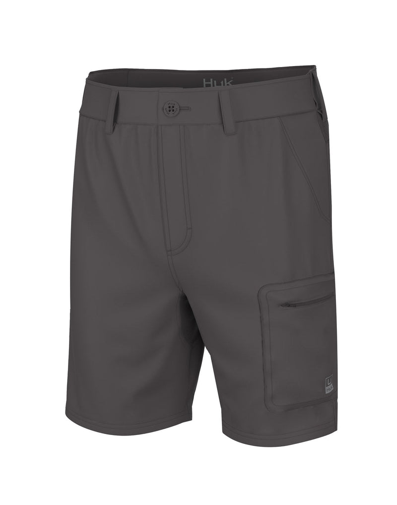 Huk Men's Next Level 7" Short in Iron grey, front view with zippered pocket on left leg