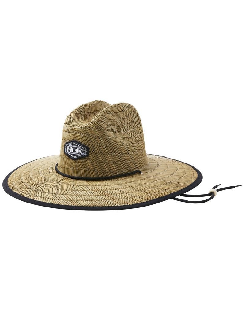 Image of Huk Men's Ocean Palm Straw Hat.  Attached to the front is a fabric patch with the Huk logo embossed on an Ocean Palm Volcanic Ash background colour.