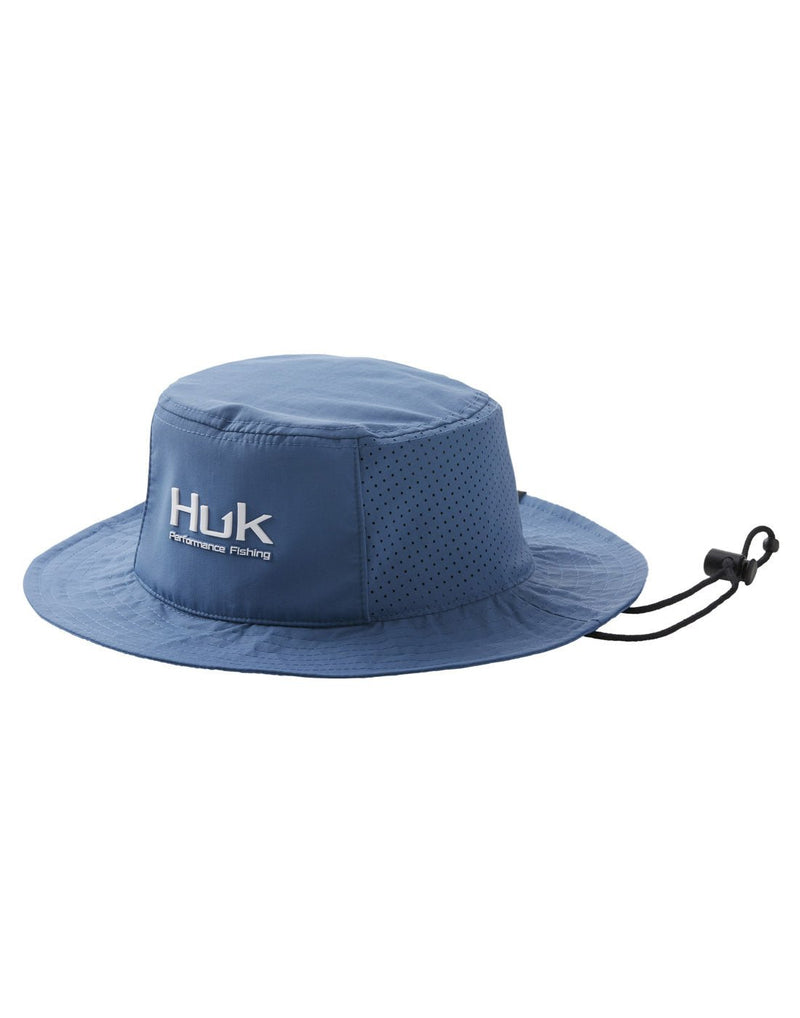Huk Men's Performance Bucket Hat in Titanium Blue, front view with with Huk logo
