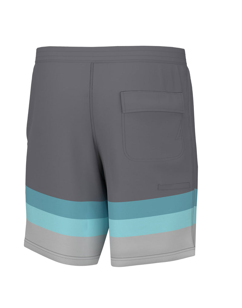 Huk Men's Pursuit Boardshort in Bowline Night Owl grey with blue, turquoise and light grey stripes at the bottom of each leg, back view with one pocket