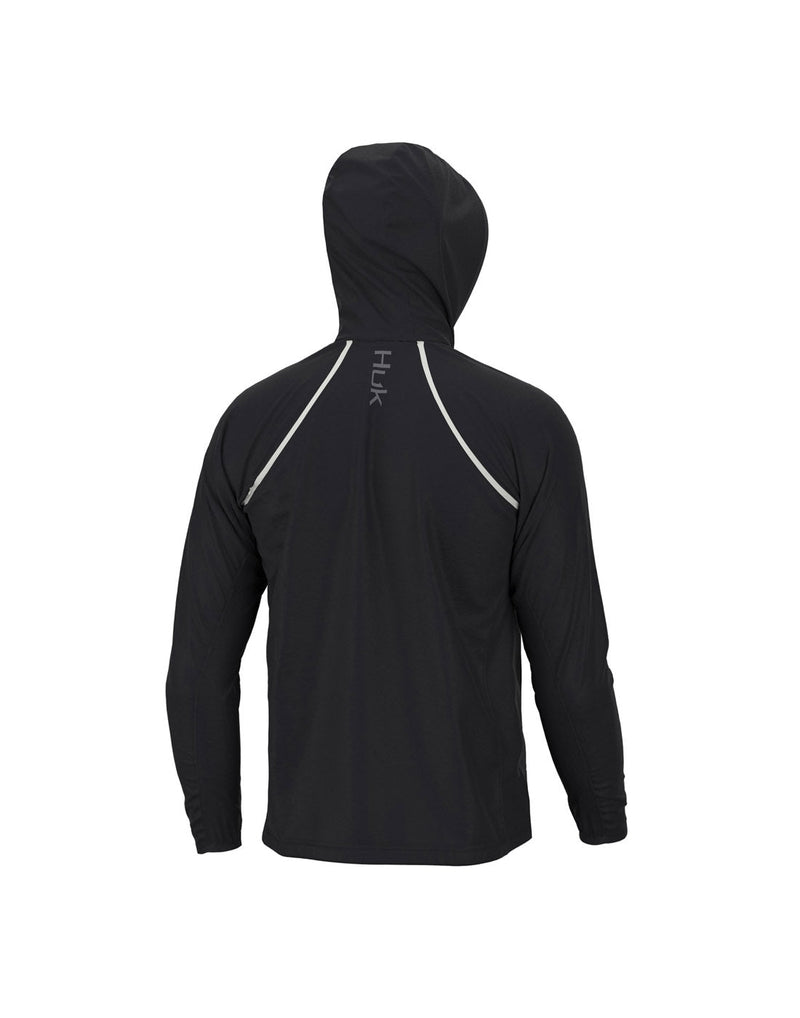 Back view of Huk Men's Pursuit Jacket in black showing the built-in hood.