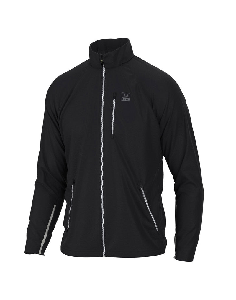 Front view of Huk Men's Pursuit Jacket in black showing the two built-in zippered  handwarmer pockets and the zippered chest pocket, ans small Huk logo that includes small  U hook symbol.