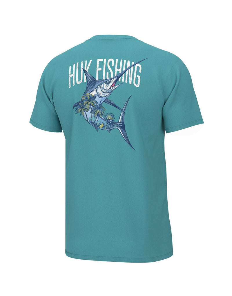 Huk Men's Sword Palm Tee in Ipanema turquoise colour, back view with white writing that says HUK FISHING and an image of a fierce looking swordfish with palm trees around it