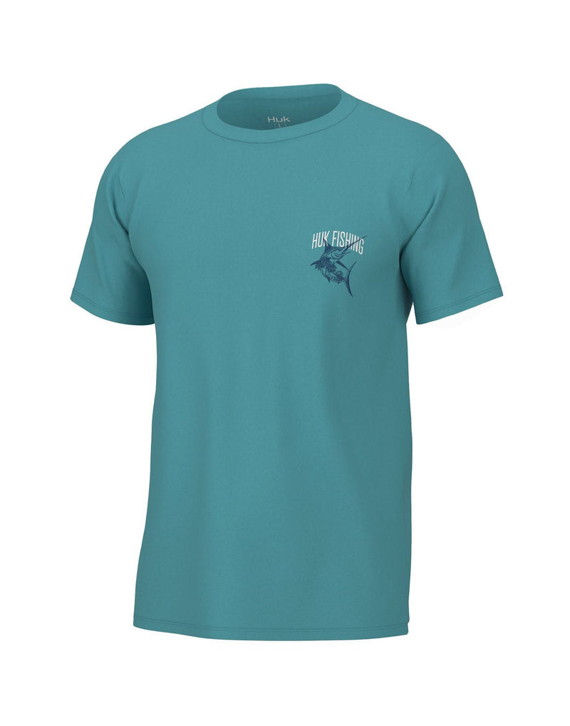 Huk Men's Sword Palm Tee in Ipanema turquoise colour, front view with small image of swordfish and Huk Fishing on left chest
