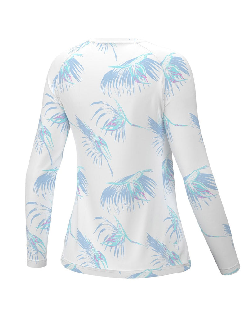 Huk Women's Boca Palm Pursuit Long Sleeve in boca palm light blue, turquoise and pink palm leaves on white background, back view