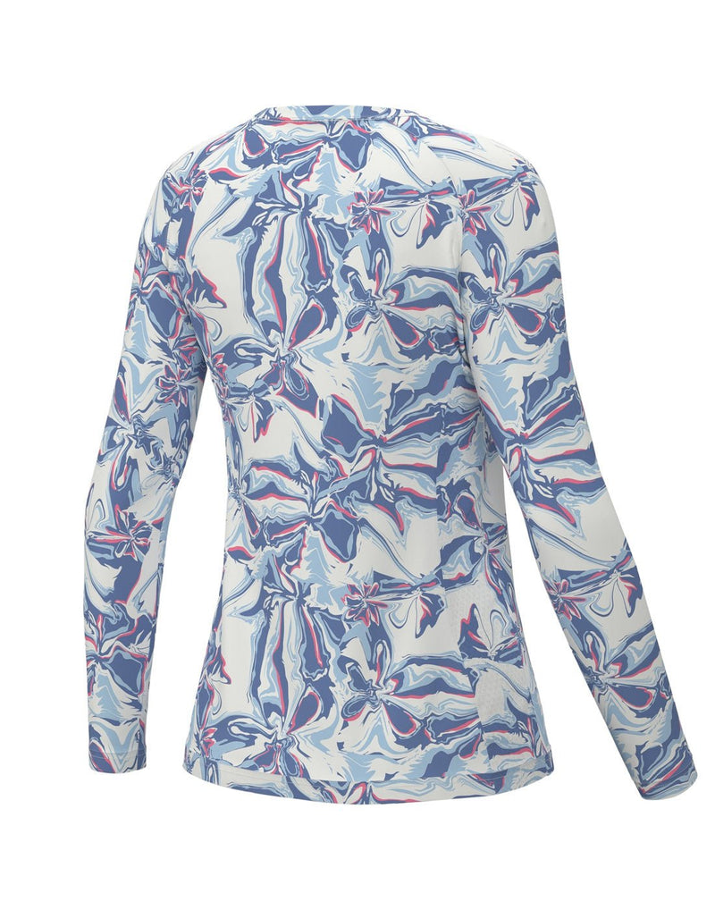 Huk Women's Brackish Flow Pursuit Long Sleeve, back view in crystal blue with white, blue, light blue and pink swirl pattern