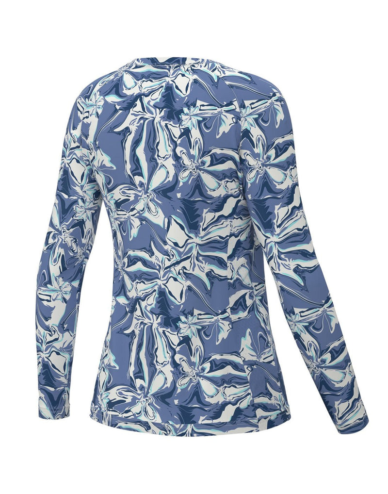 Huk Women's Brackish Flow Pursuit Long Sleeve, back view in crystal blue with white, blue, light blue and turquoise swirl pattern