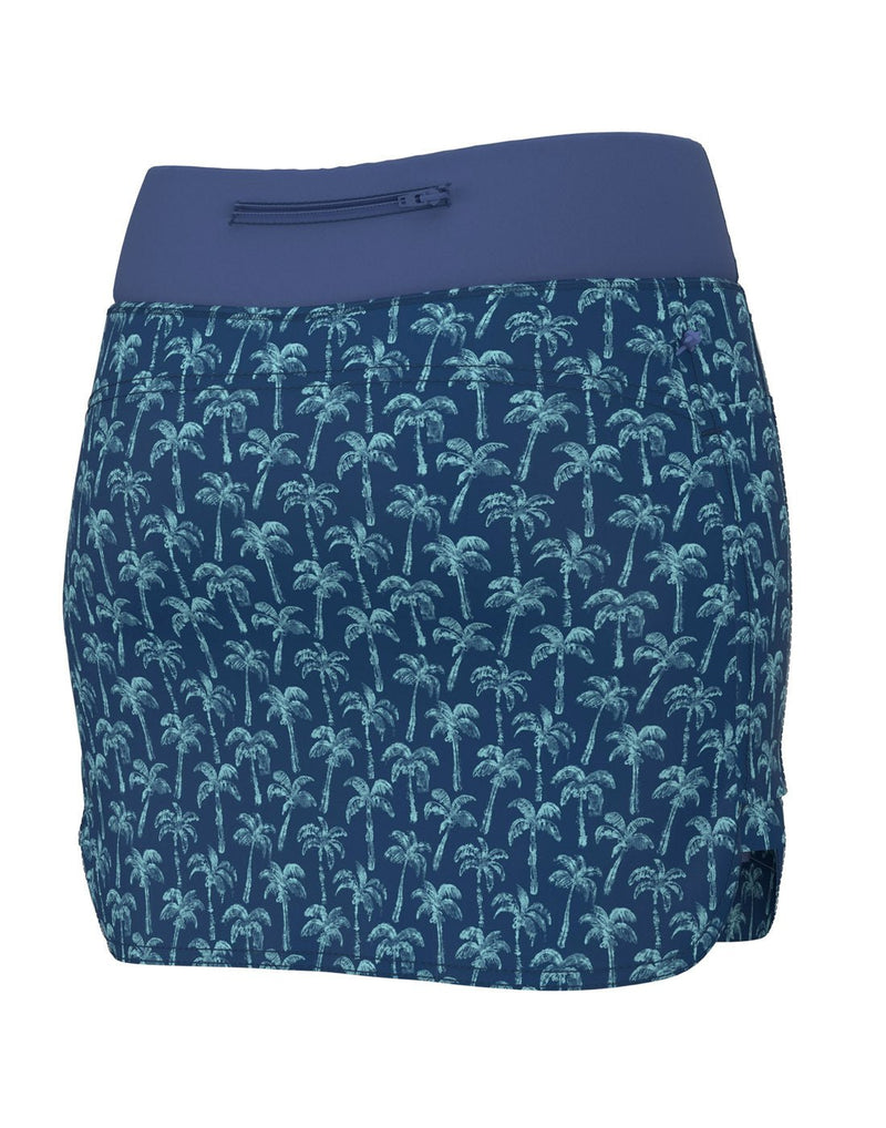 Huk Women's Cedros Skort in set sail blue with small turquoise palm tree pattern and solid blue waist band with horizontal zippered pocket, back view