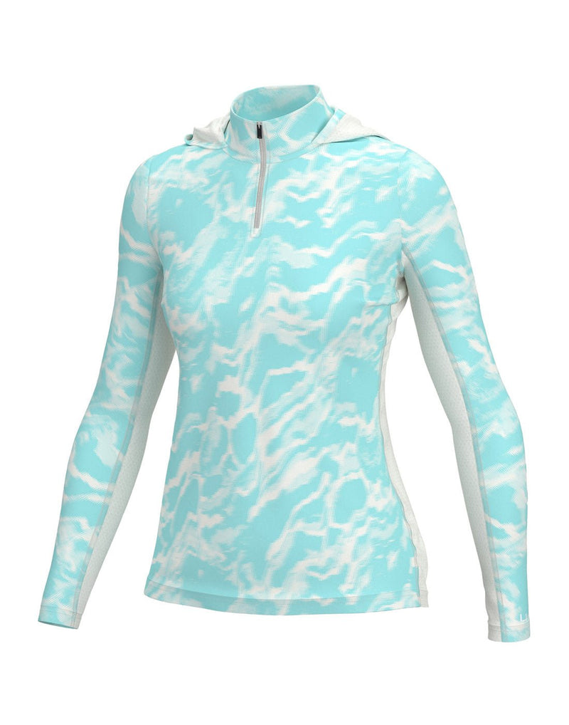 Huk Women's Icon X River Runs 1/4 Zip in turquoise and white water swirl pattern, front view