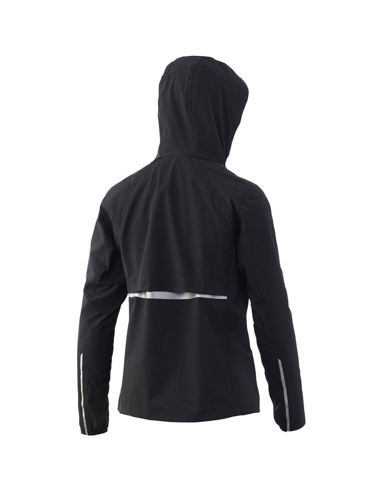 Back view of Huk Women's Pursuit Jacket in black showing the built-in hood up.