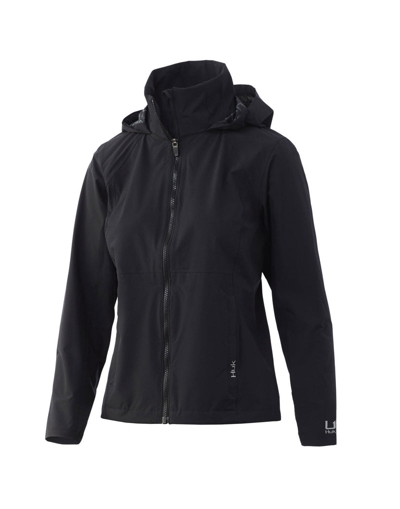 Front view of Huk Women's Pursuit Jacket in black with hood down.