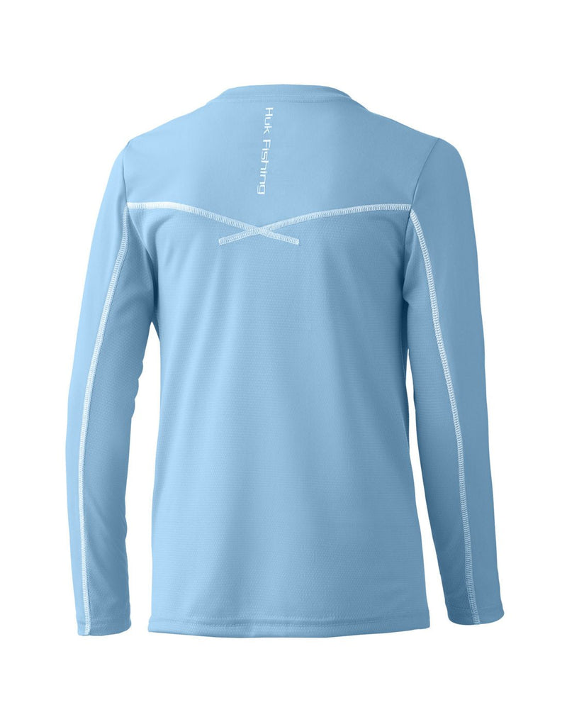 Huk Youth Icon X Long Sleeve Shirt, back view in Baltic sea light blue solid colour with white stitching along back of each sleeve and up across shoulder blade area