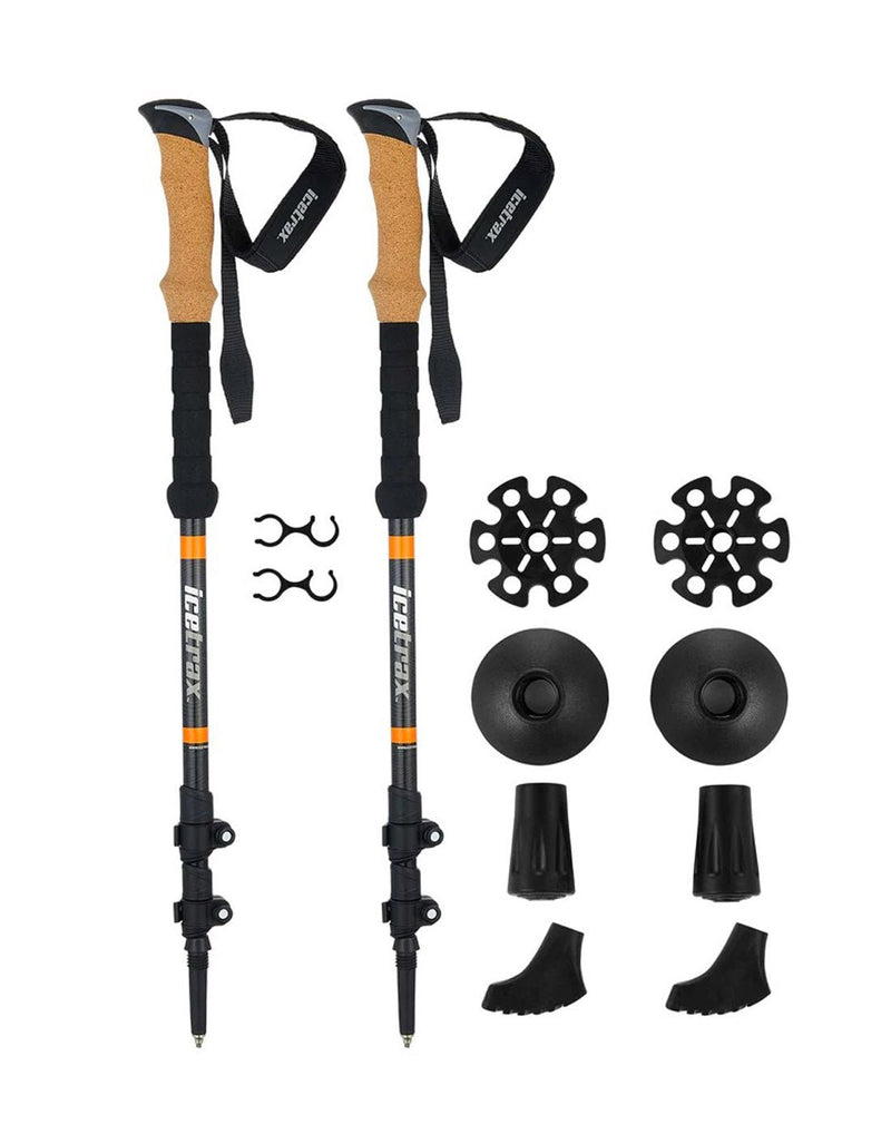 Icetrax Aluminum Trekking Poles collapsed with included accessories on display beside