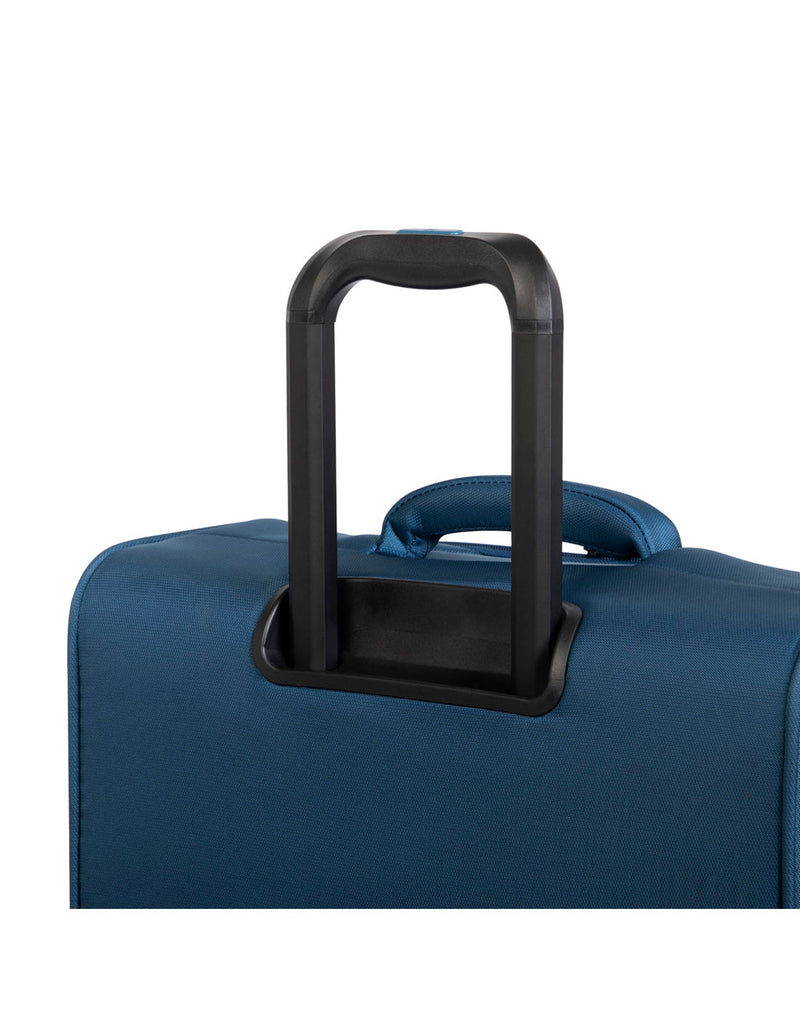 Close up of black telescopic handle extended on blue ash it Accuracy luggage, back angled view