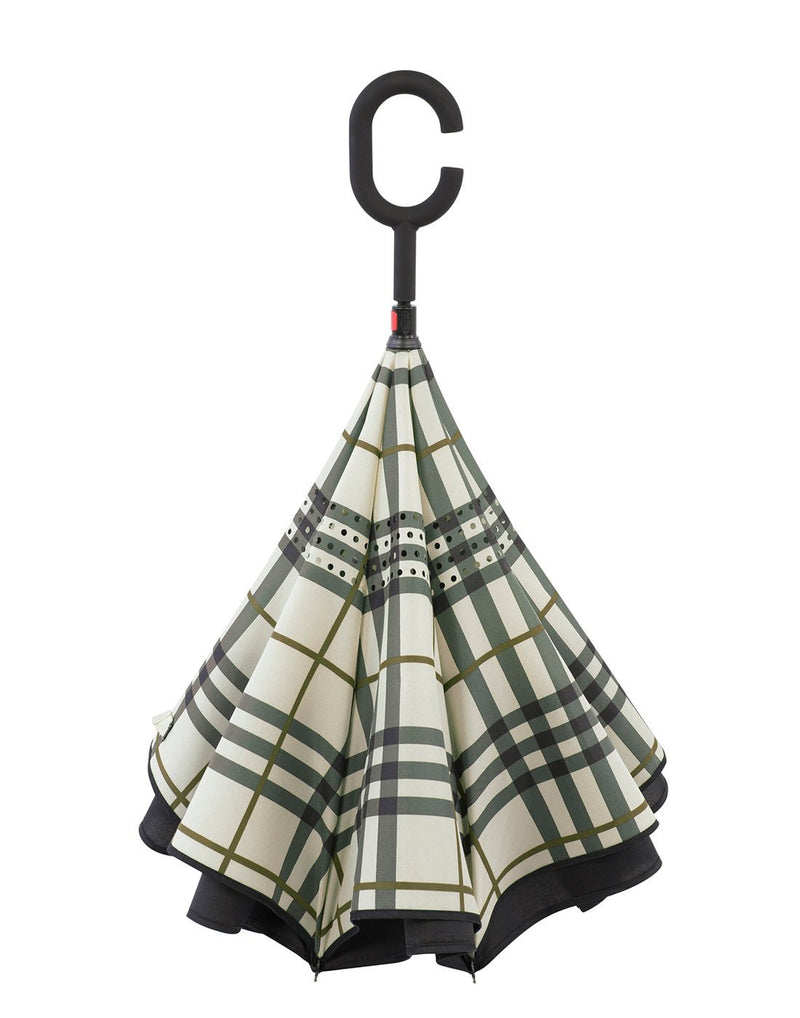 Belami reversible stick umbrella beige plaid closed view with handle upright