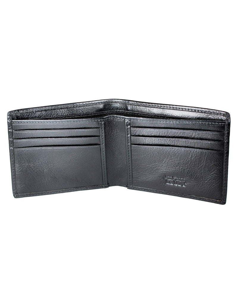 The RFID Billfold Men's Leather Wallet in black, open showing billfold compartments, 6 credit card slots, and 2 extra card or money slots.