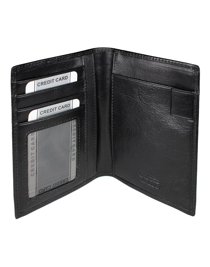 Interior view of the RFID Leather Passport Wallet on black.