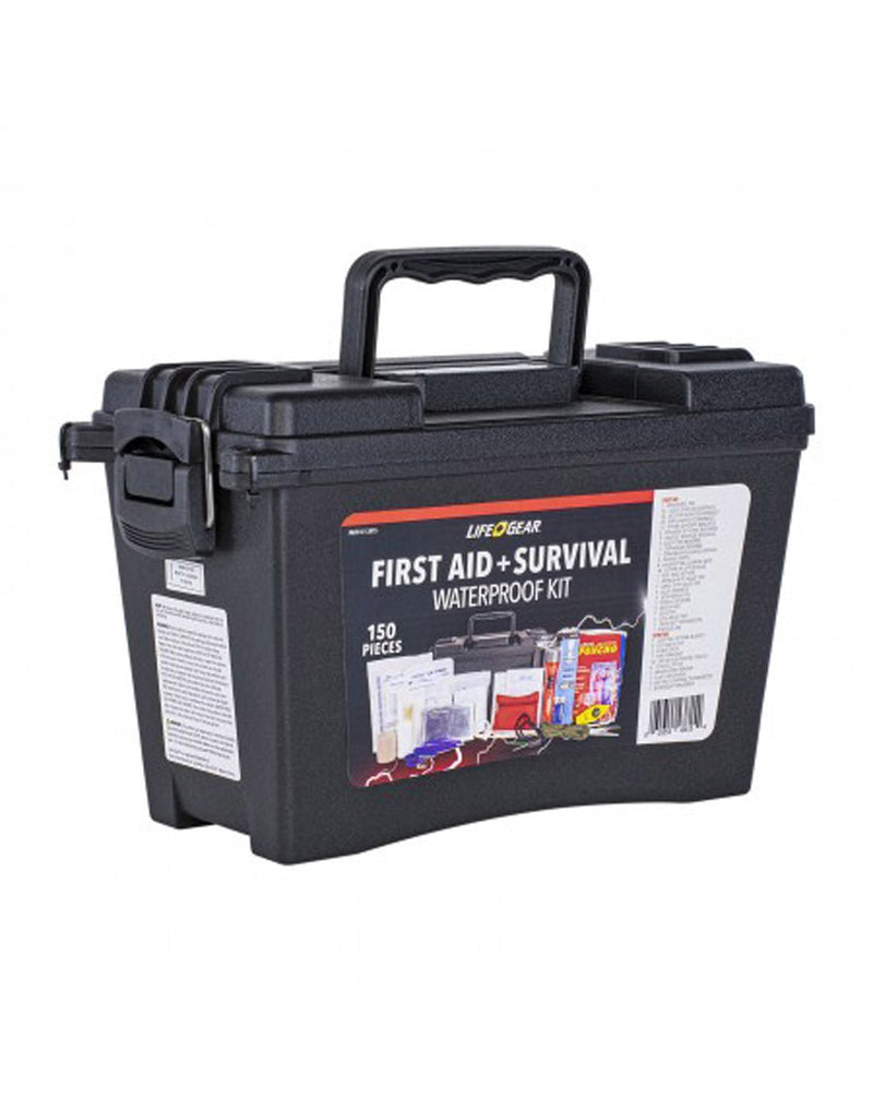Life Gear 150pc Waterproof First Aid & Survival Kit, black plastic box with lock and handle
