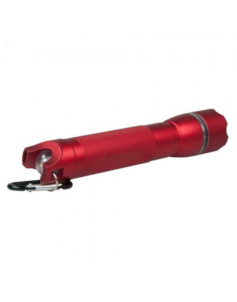 Life Gear Aluminum Search Light & Whistle, back of product showing carabiner and whistle
