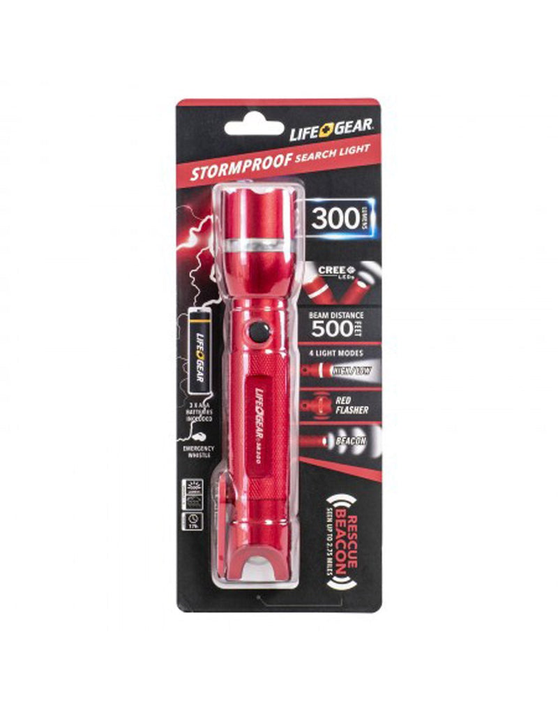 Life Gear Aluminum Search Light & Whistle, red, package view
