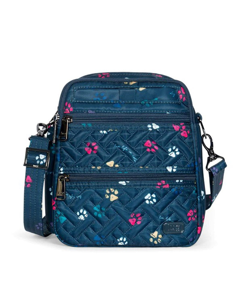 Lug Can Can XL Convertible Crossbody Bag - navy blue quilted with multi-coloured paw prints and dark metal zippers, front view
