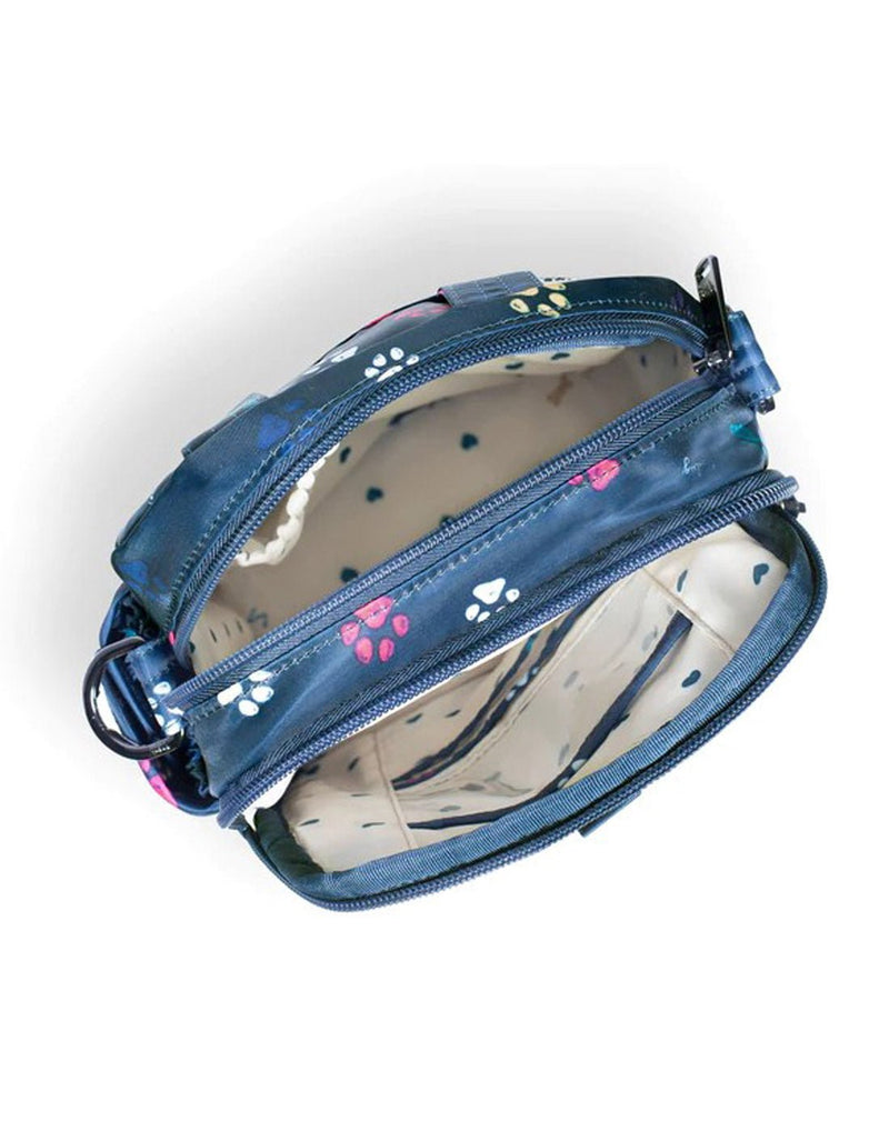 Lug Can Can XL Convertible Crossbody Bag, paws navy print, top inside view