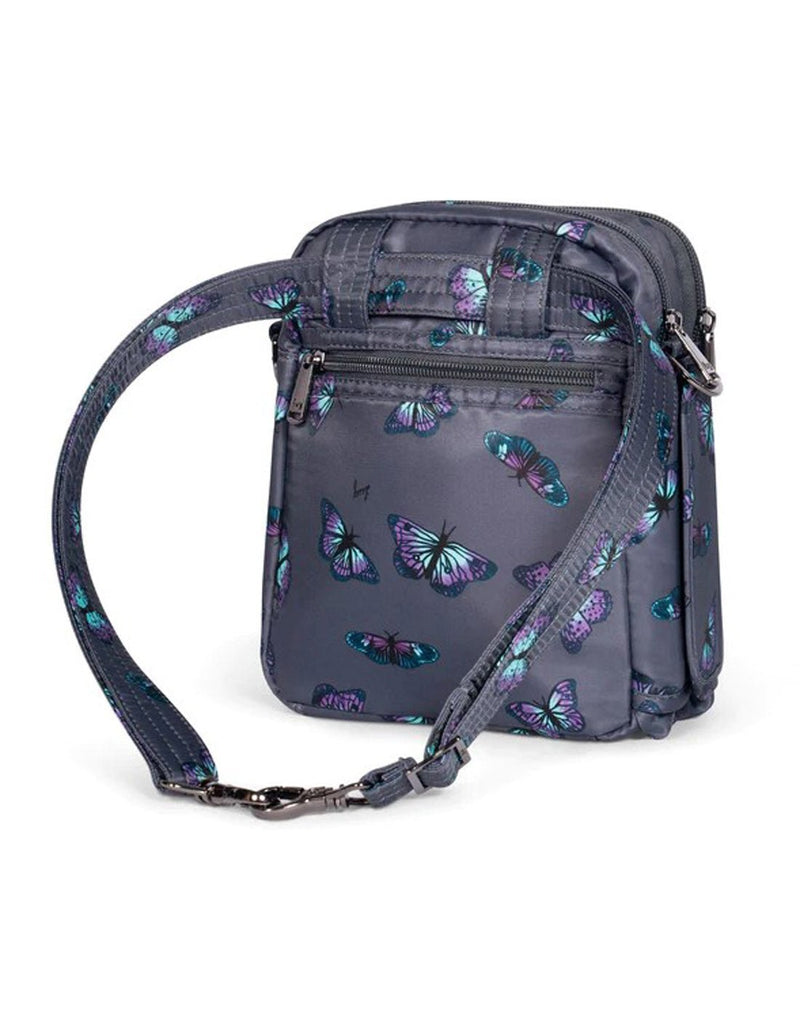 Lug Can Can XL Convertible Crossbody Bag, grey butterfly print, back view with waist strap converted